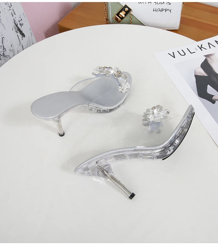 Shuzumiao New Crystal Slippers Shoes Women Fine High Heels Transparent Sandals Female Slippers Sexy  Outside Beaded Beach Shos