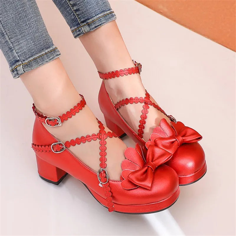 PXELENA Sweet Lolita Princess Mary Janes Shoes Bowtie Ruffles Cross Tied Strappy Cosplay Uniform Pumps Women Wedding Party Girls