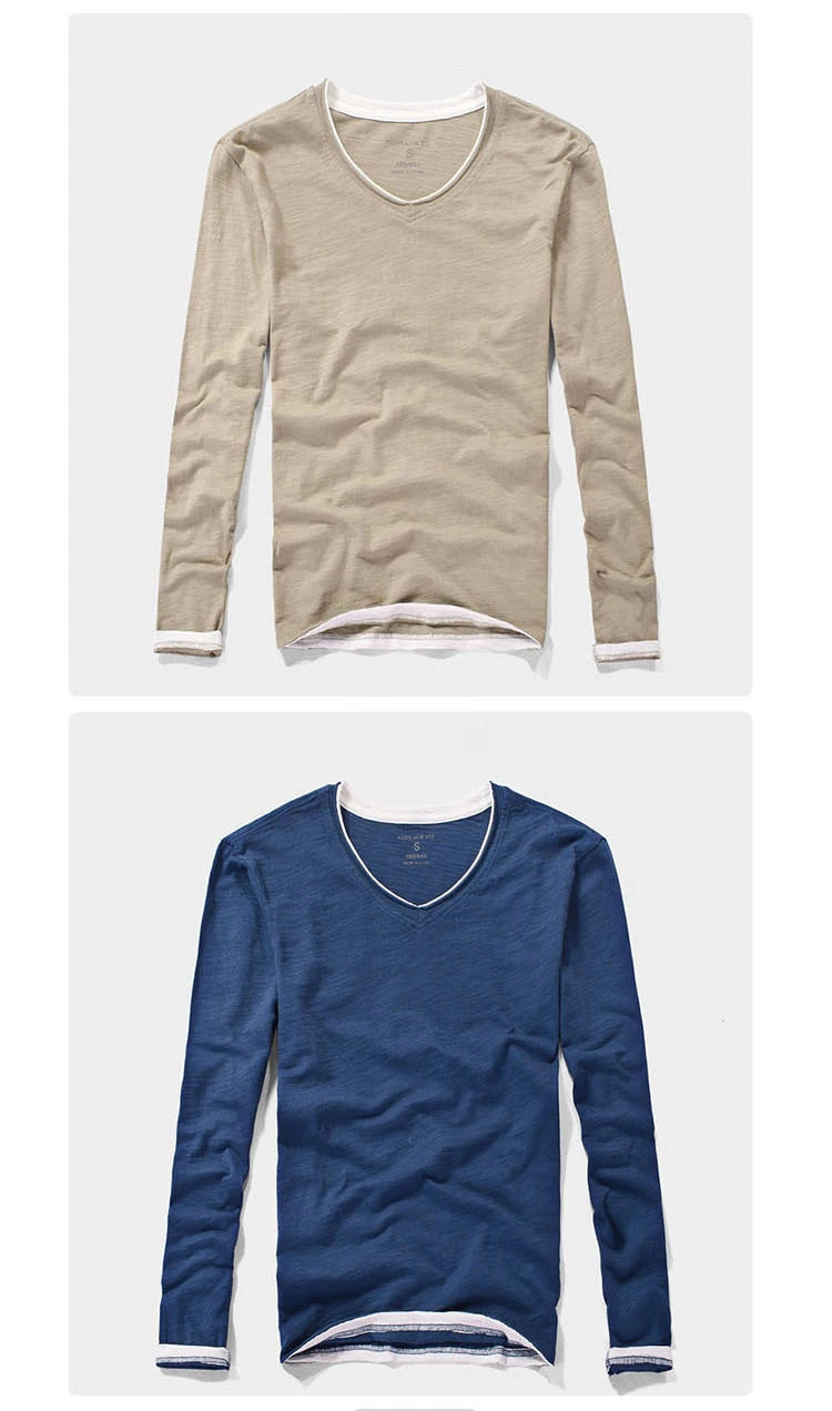 2025 Fashion Mens T Shirt Vintage V-Neck Long Sleeve T-Shirts Male Casual Thin Solid Tee Tshirt Soft Comfortable Tops Clothing