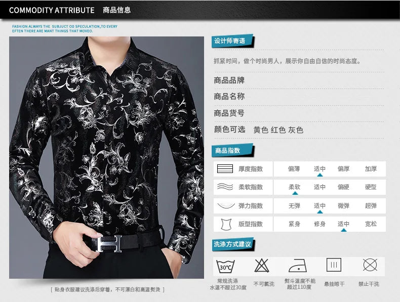 Mens Floral Dresses Autumn Long Sleeve Velour Clothing Male Flowers Gold Velvet Shirts