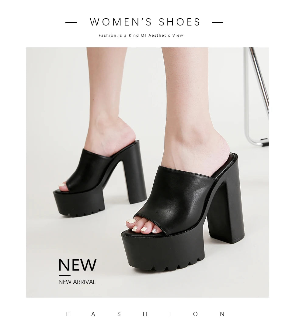 Gdgydh Square Heel Platform Mules Women Outdoor Slippers Peep Toe Slip On Sandals Shoes Slingbacks Black White Great Quality