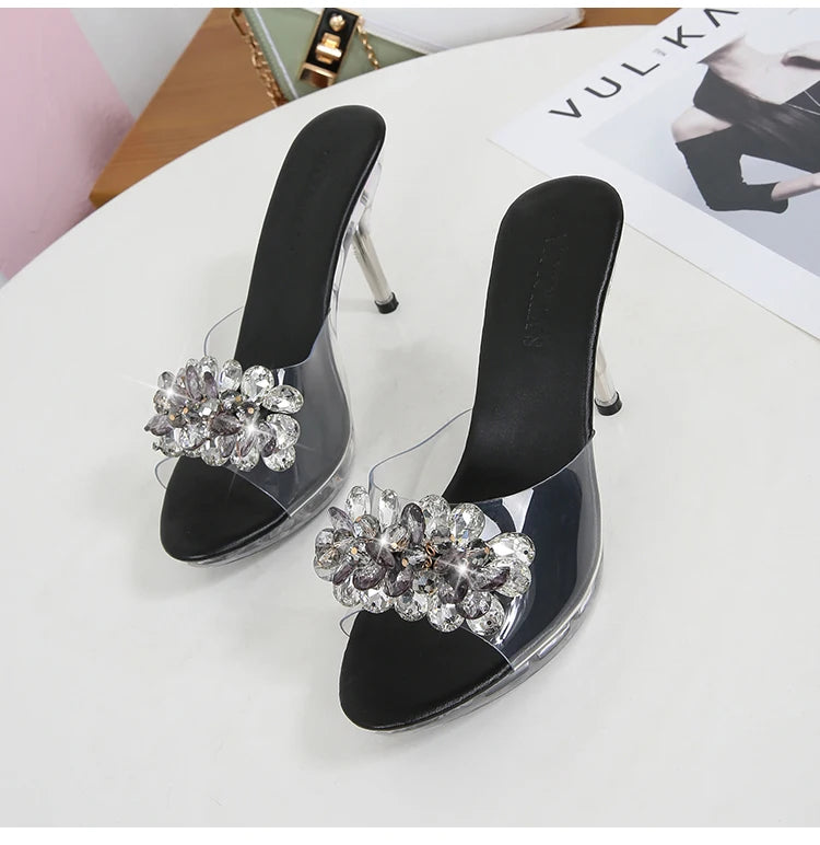 Shuzumiao New Crystal Slippers Shoes Women Fine High Heels Transparent Sandals Female Slippers Sexy  Outside Beaded Beach Shos