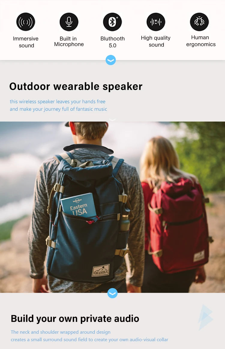 مكبرات صوت بلوتوث، سماعات لاسلكية قابلة للارتداء حول الرقبة، مكبرات صوت لاسلكية للاستخدام الخارجي، صوت ستيريو ثلاثي الأبعاد حقيقي لمدة 10 ساعات مع ميكروفون