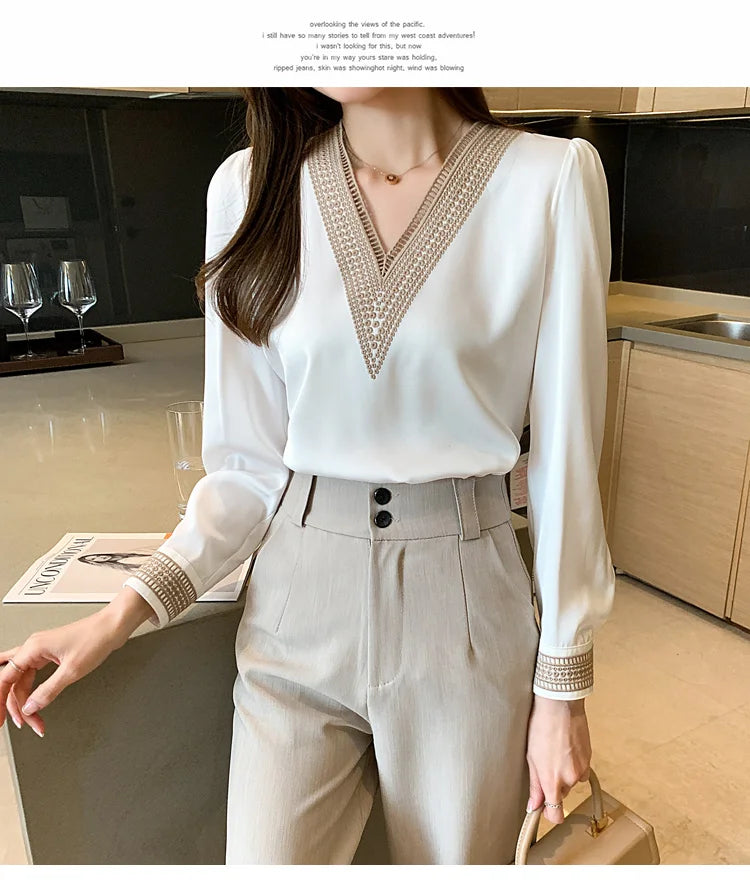 2025 Fashion Woman Blouse Stylish Autumn Office Lady Elegant Tops Korean Lace Long Sleeve V Neck Blusas White Shirts 13366