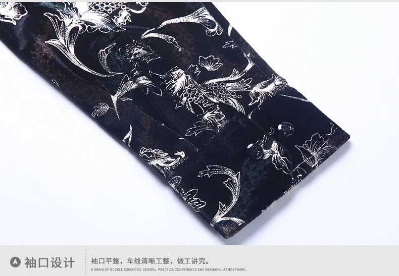 Mens Floral Dresses Autumn Long Sleeve Velour Clothing Male Flowers Gold Velvet Shirts