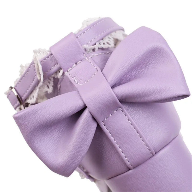 PXELENA Sweet Lolita Princess Mary Janes Shoes Bowtie Ruffles Cross Tied Strappy Cosplay Uniform Pumps Women Wedding Party Girls