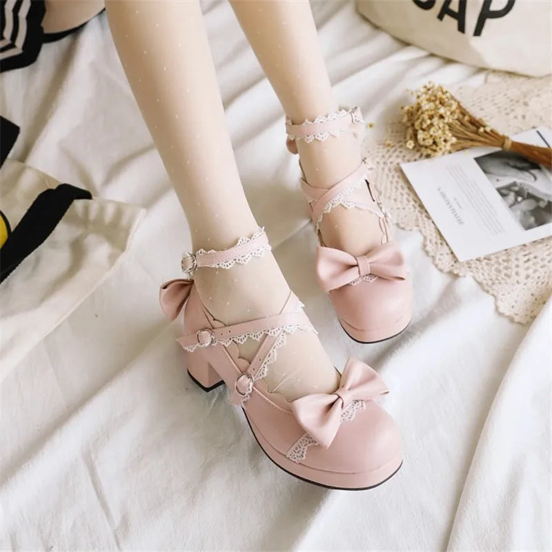 PXELENA Sweet Lolita Princess Mary Janes Shoes Bowtie Ruffles Cross Tied Strappy Cosplay Uniform Pumps Women Wedding Party Girls