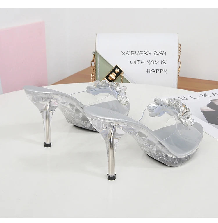 Shuzumiao New Crystal Slippers Shoes Women Fine High Heels Transparent Sandals Female Slippers Sexy  Outside Beaded Beach Shos