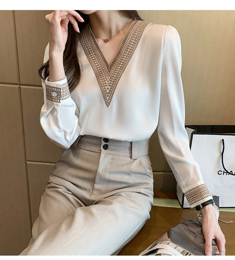 2025 Fashion Woman Blouse Stylish Autumn Office Lady Elegant Tops Korean Lace Long Sleeve V Neck Blusas White Shirts 13366