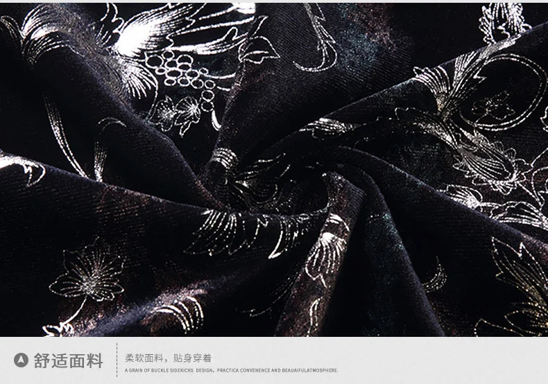 Mens Floral Dresses Autumn Long Sleeve Velour Clothing Male Flowers Gold Velvet Shirts