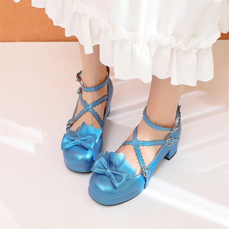PXELENA Sweet Lolita Princess Mary Janes Shoes Bowtie Ruffles Cross Tied Strappy Cosplay Uniform Pumps Women Wedding Party Girls