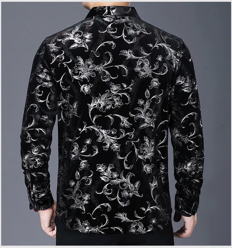 Mens Floral Dresses Autumn Long Sleeve Velour Clothing Male Flowers Gold Velvet Shirts