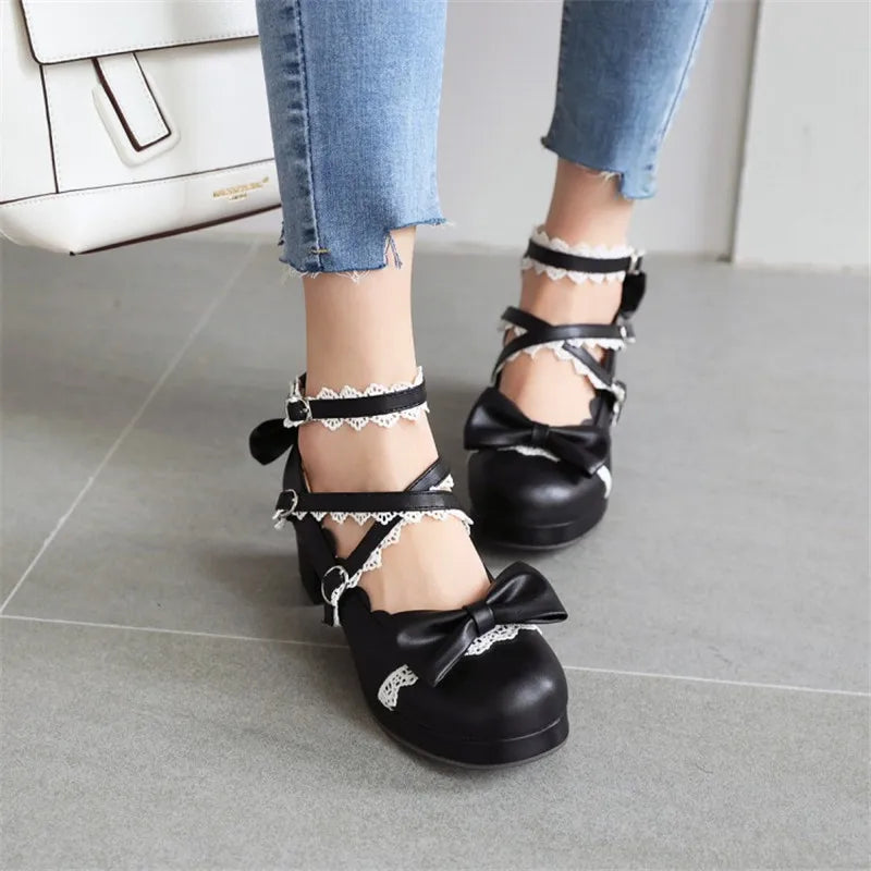 PXELENA Sweet Lolita Princess Mary Janes Shoes Bowtie Ruffles Cross Tied Strappy Cosplay Uniform Pumps Women Wedding Party Girls
