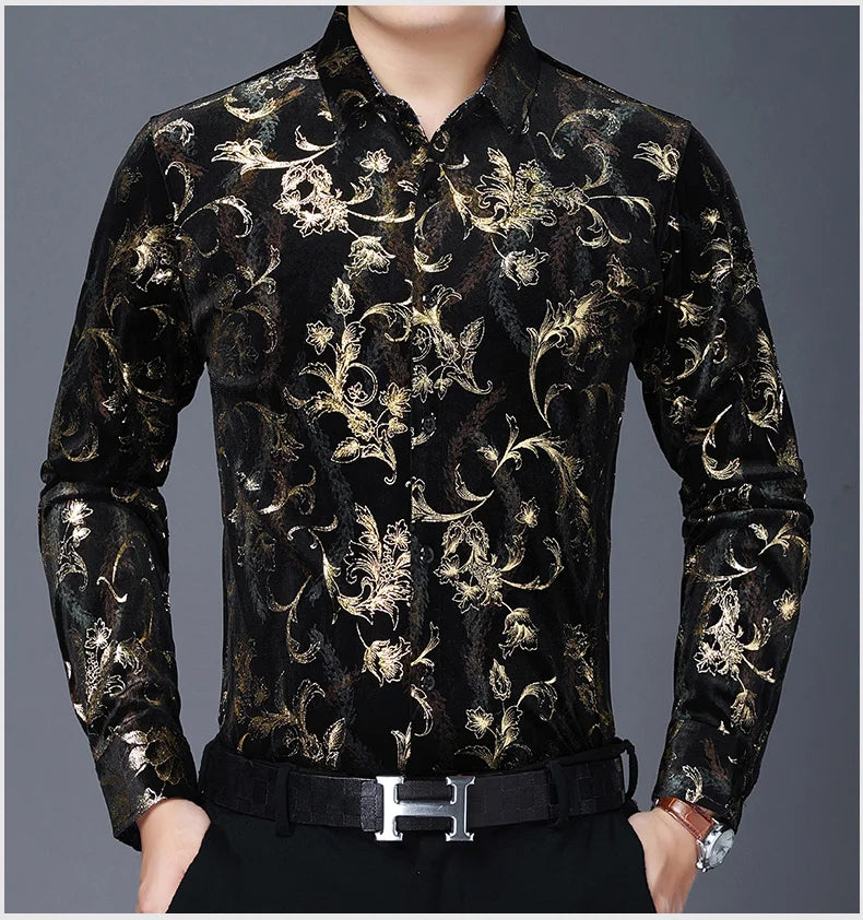 Mens Floral Dresses Autumn Long Sleeve Velour Clothing Male Flowers Gold Velvet Shirts