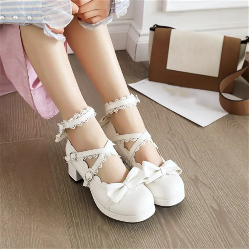 PXELENA Sweet Lolita Princess Mary Janes Shoes Bowtie Ruffles Cross Tied Strappy Cosplay Uniform Pumps Women Wedding Party Girls