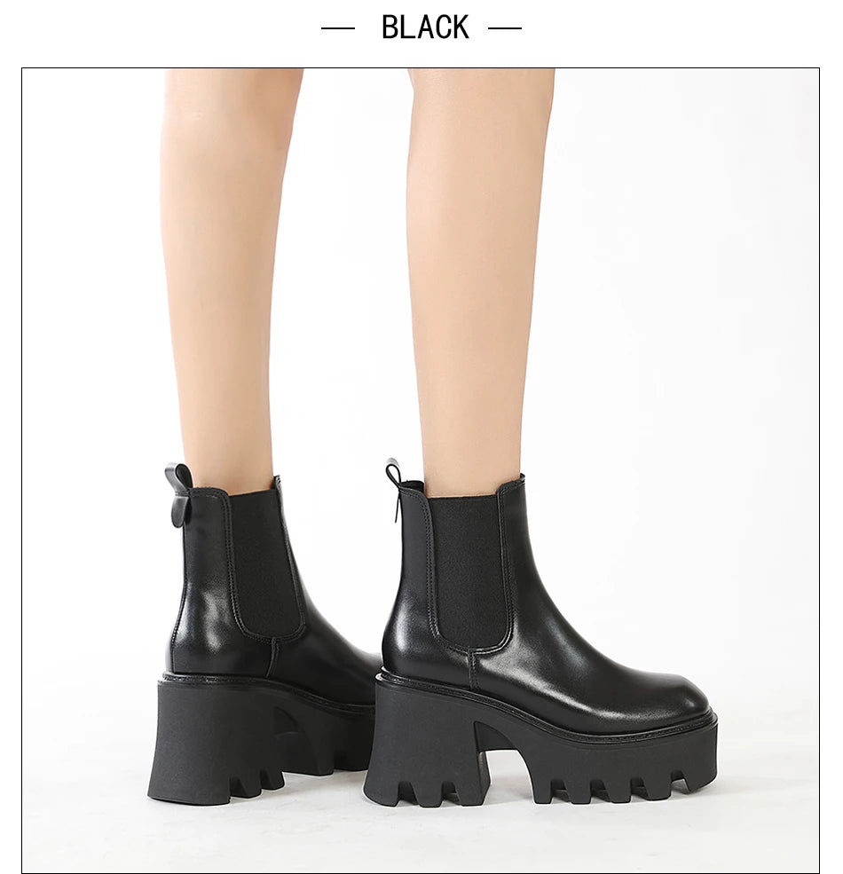 GDGYDH Slip-On Women Motorcycle Boots Square High Heels Thick Platform Female Ankle Boots Black Plus Sizes Chelsea Boots Women