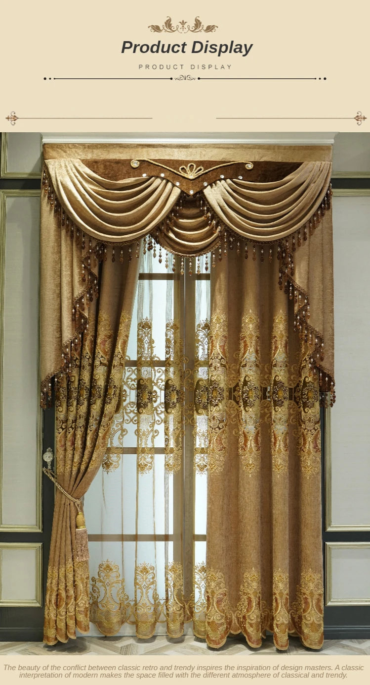 European-style Curtains for Luxury Living Room Upscale Door Chenille Embroidered Coffee Color Bedroom Window Villa Valance