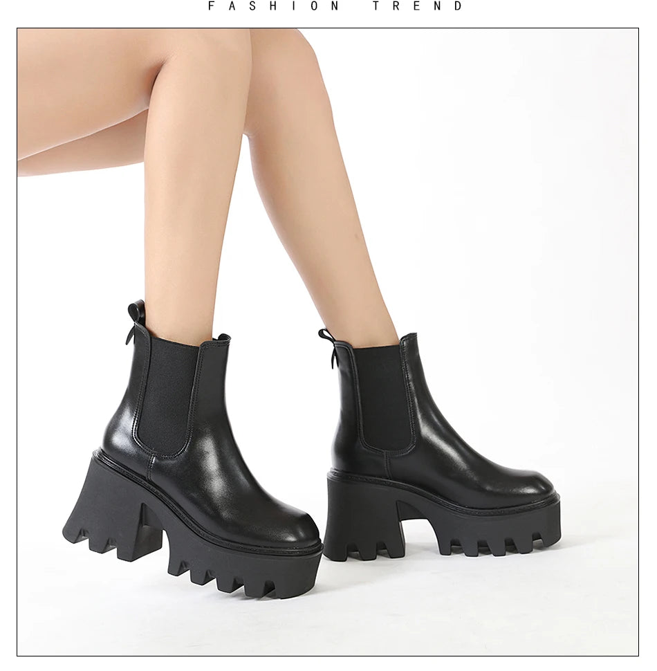 GDGYDH Slip-On Women Motorcycle Boots Square High Heels Thick Platform Female Ankle Boots Black Plus Sizes Chelsea Boots Women