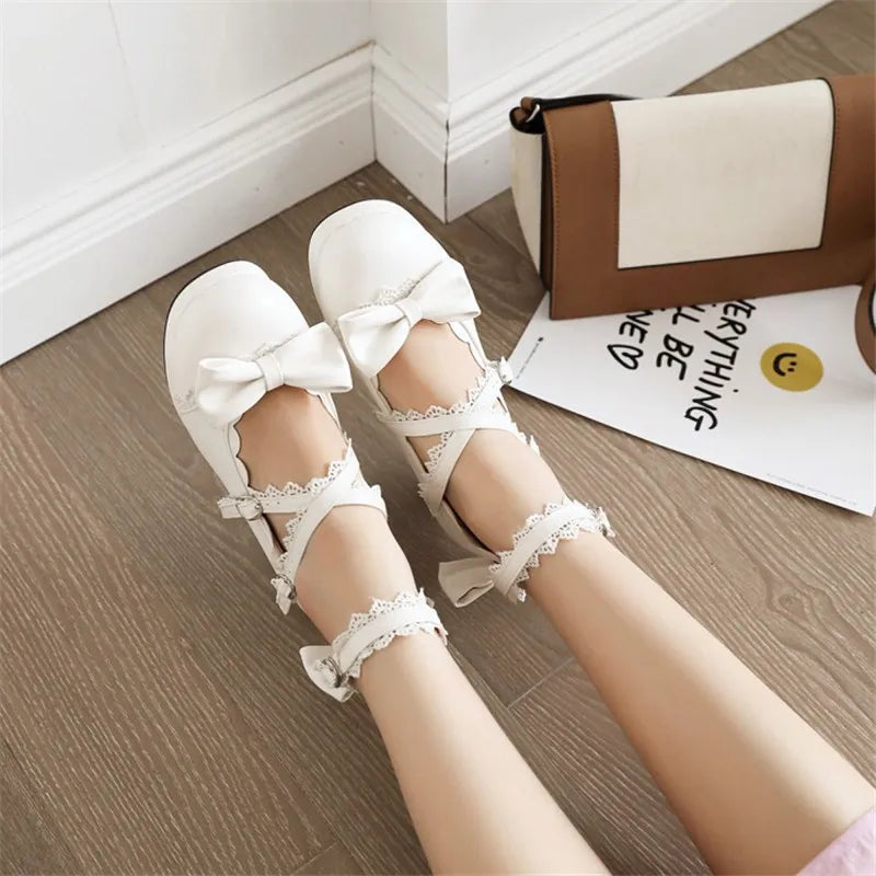 PXELENA Sweet Lolita Princess Mary Janes Shoes Bowtie Ruffles Cross Tied Strappy Cosplay Uniform Pumps Women Wedding Party Girls