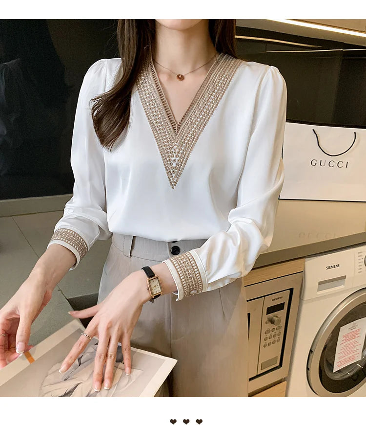 2025 Fashion Woman Blouse Stylish Autumn Office Lady Elegant Tops Korean Lace Long Sleeve V Neck Blusas White Shirts 13366