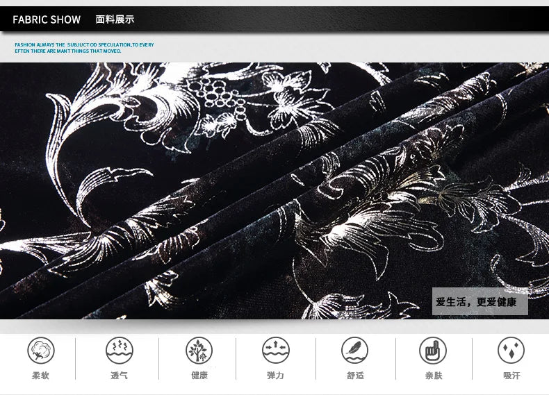 Mens Floral Dresses Autumn Long Sleeve Velour Clothing Male Flowers Gold Velvet Shirts