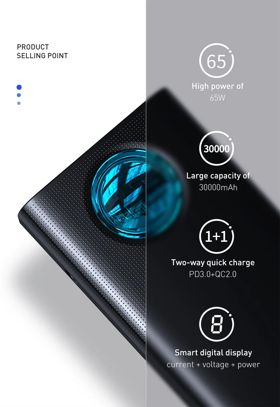 Baseus 65W Power Bank 30000mAh PD Quick Charge FCP SCP Powerbank Portable External Charger For Smartphone Laptop iPhone Tablet