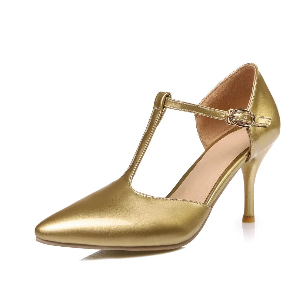 Women's High Heels Pumps D'Orsay Shoes Large Size 48 Sweet Point Toe Summer Sandals T-straps Red Pink Gold Heeled Wedding Shoes