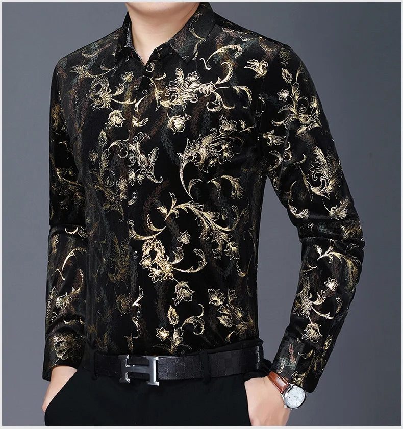 Mens Floral Dresses Autumn Long Sleeve Velour Clothing Male Flowers Gold Velvet Shirts