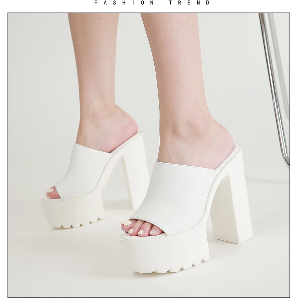 Gdgydh Square Heel Platform Mules Women Outdoor Slippers Peep Toe Slip On Sandals Shoes Slingbacks Black White Great Quality