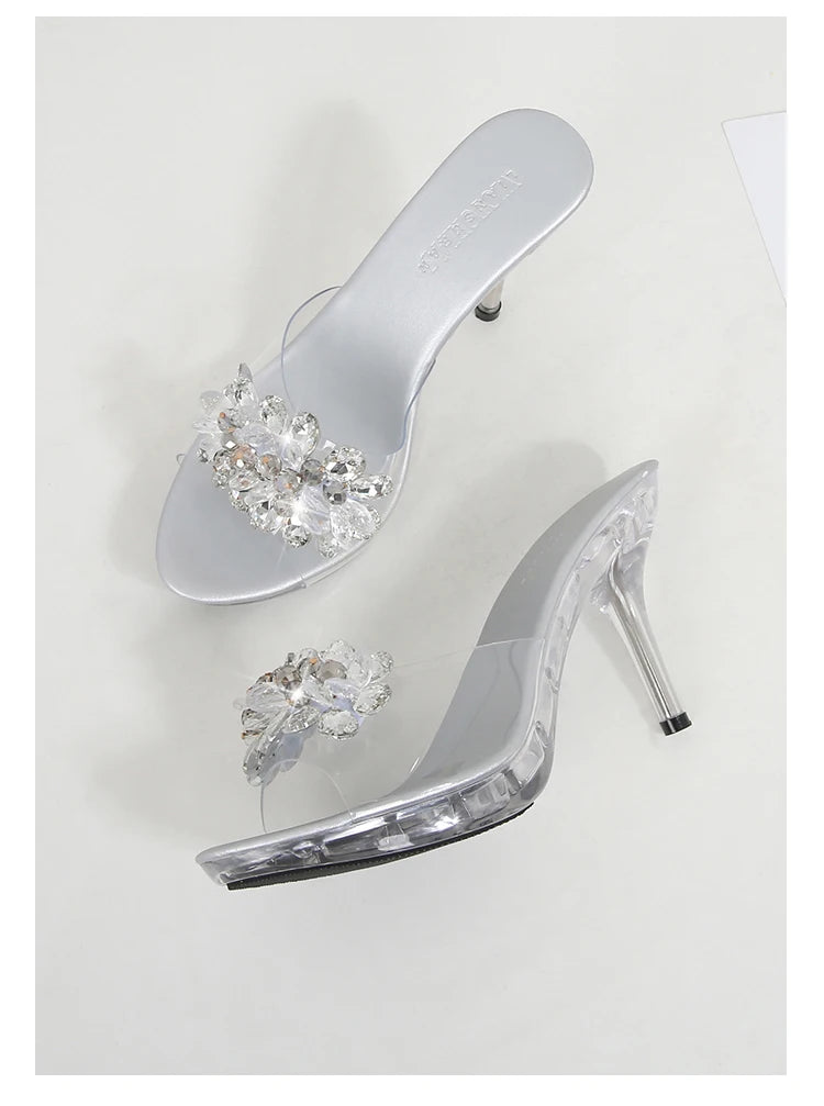 Shuzumiao New Crystal Slippers Shoes Women Fine High Heels Transparent Sandals Female Slippers Sexy  Outside Beaded Beach Shos