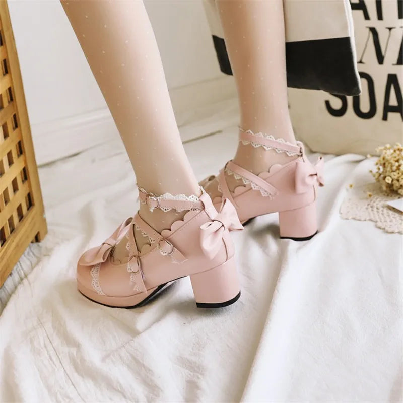 PXELENA Sweet Lolita Princess Mary Janes Shoes Bowtie Ruffles Cross Tied Strappy Cosplay Uniform Pumps Women Wedding Party Girls