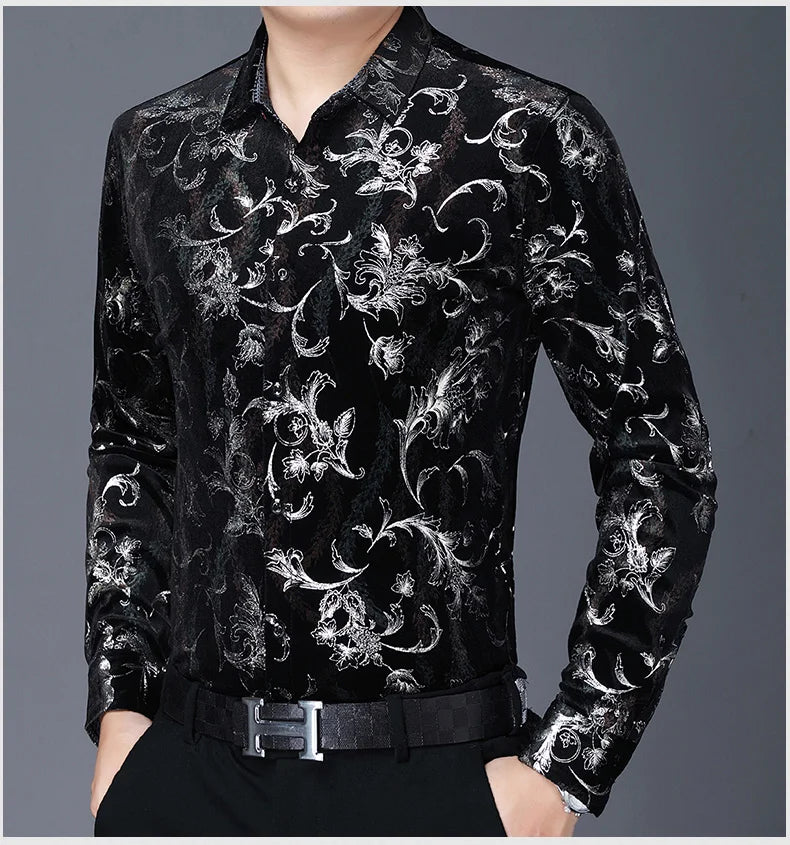 Mens Floral Dresses Autumn Long Sleeve Velour Clothing Male Flowers Gold Velvet Shirts