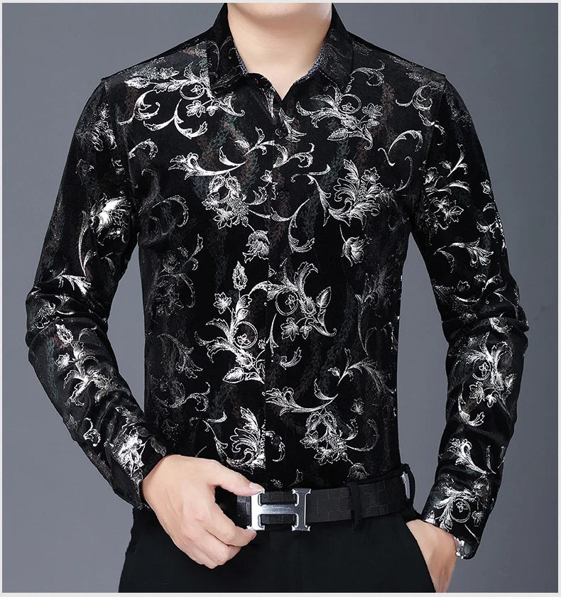 Mens Floral Dresses Autumn Long Sleeve Velour Clothing Male Flowers Gold Velvet Shirts