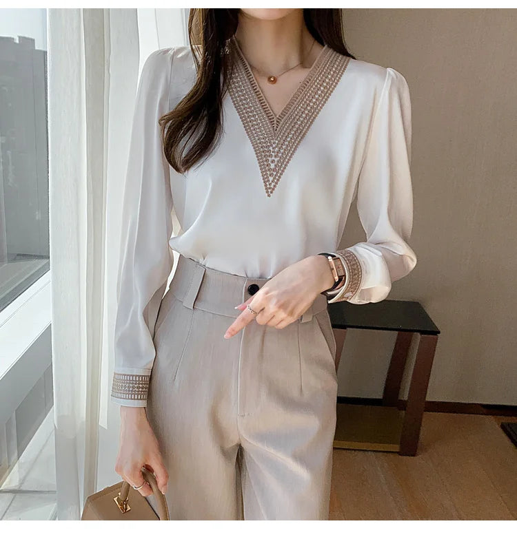 2025 Fashion Woman Blouse Stylish Autumn Office Lady Elegant Tops Korean Lace Long Sleeve V Neck Blusas White Shirts 13366