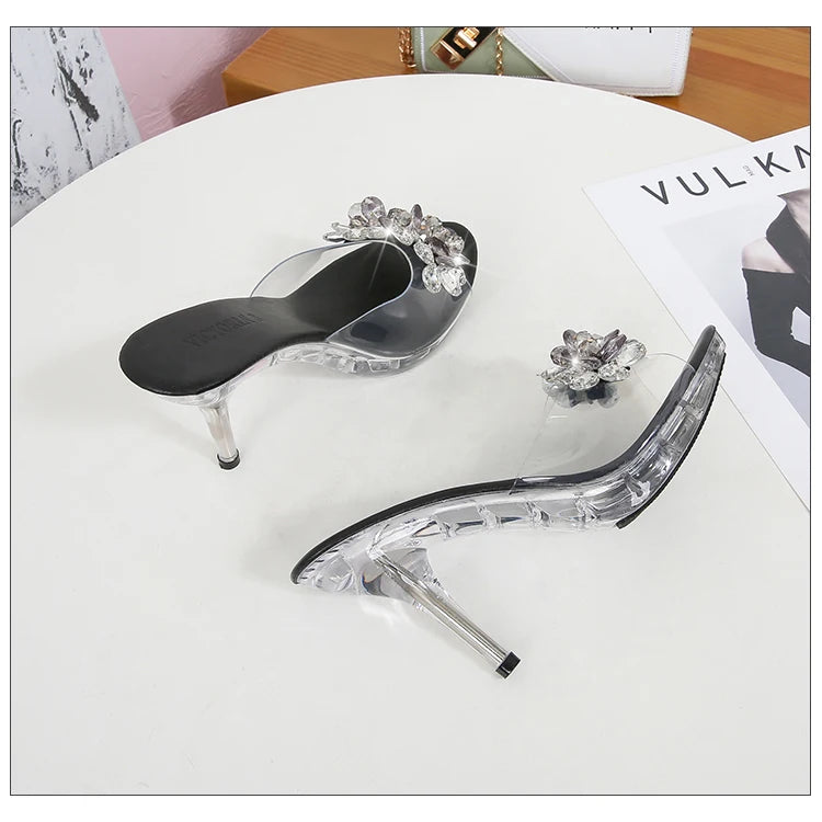 Shuzumiao New Crystal Slippers Shoes Women Fine High Heels Transparent Sandals Female Slippers Sexy  Outside Beaded Beach Shos
