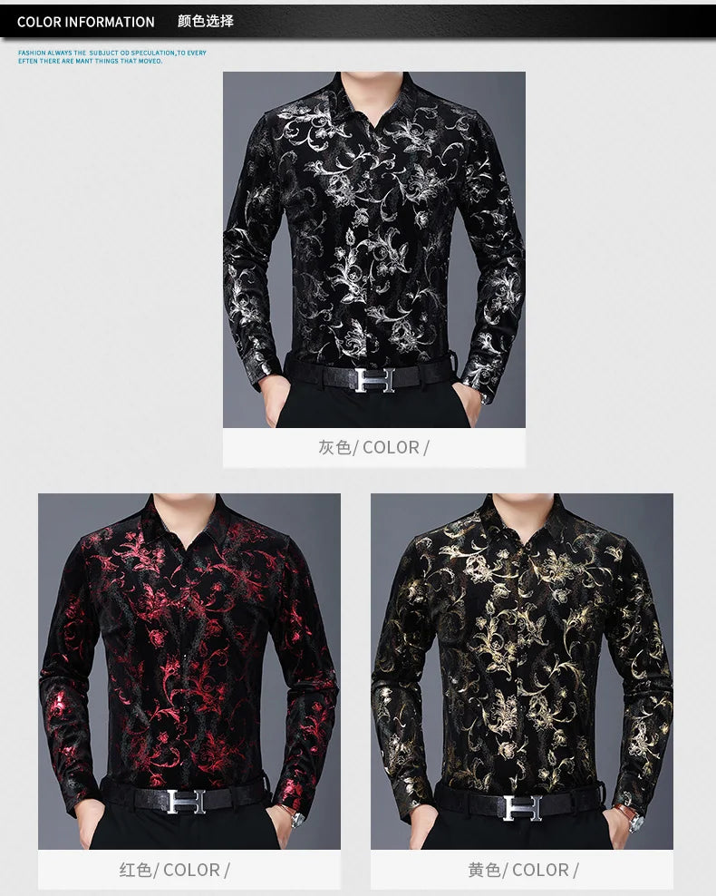 Mens Floral Dresses Autumn Long Sleeve Velour Clothing Male Flowers Gold Velvet Shirts