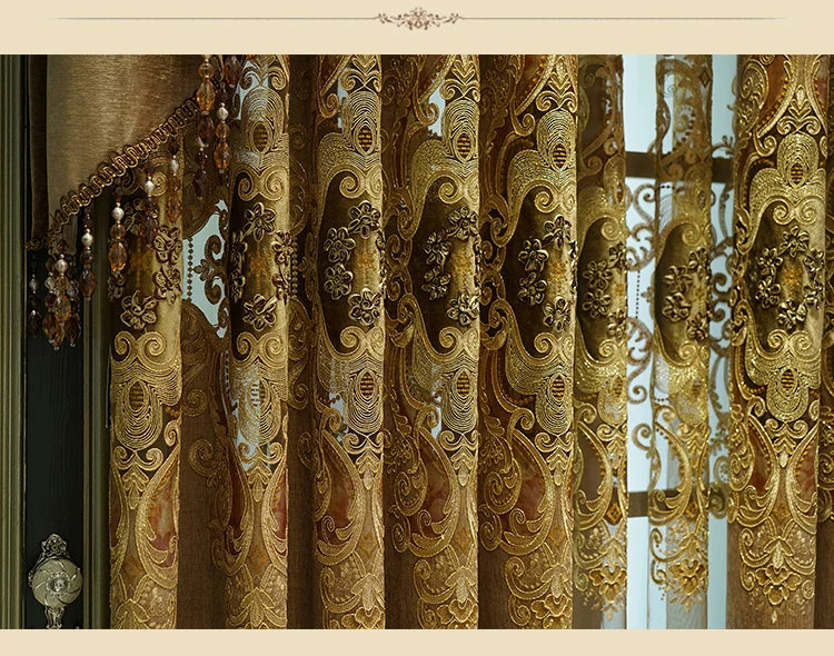 European-style Curtains for Luxury Living Room Upscale Door Chenille Embroidered Coffee Color Bedroom Window Villa Valance