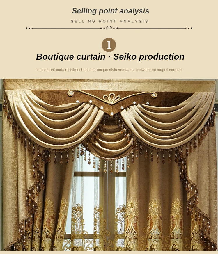 European-style Curtains for Luxury Living Room Upscale Door Chenille Embroidered Coffee Color Bedroom Window Villa Valance