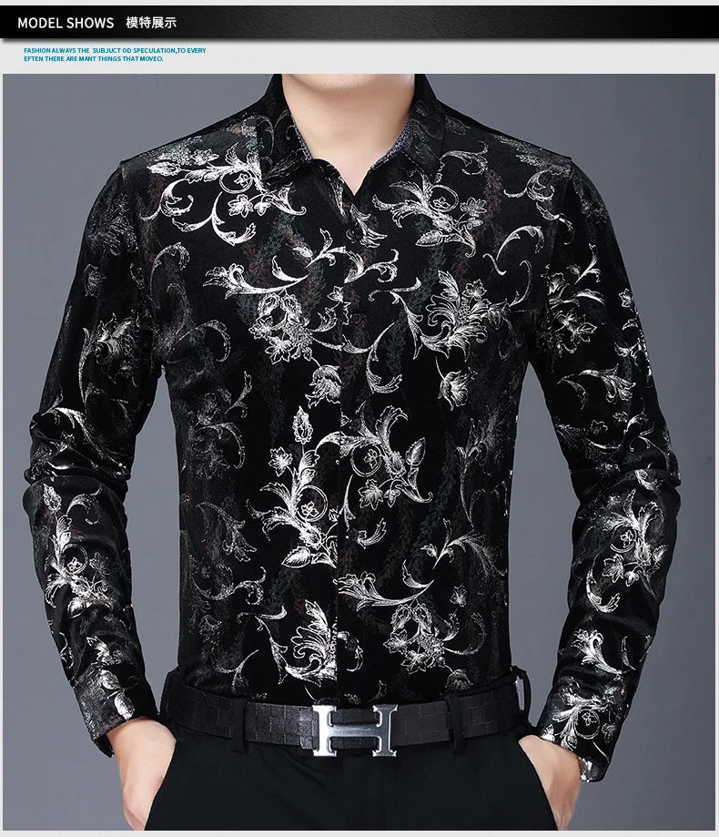 Mens Floral Dresses Autumn Long Sleeve Velour Clothing Male Flowers Gold Velvet Shirts