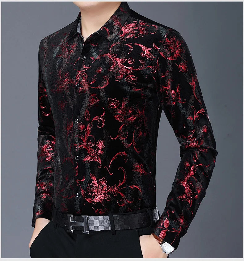 Mens Floral Dresses Autumn Long Sleeve Velour Clothing Male Flowers Gold Velvet Shirts