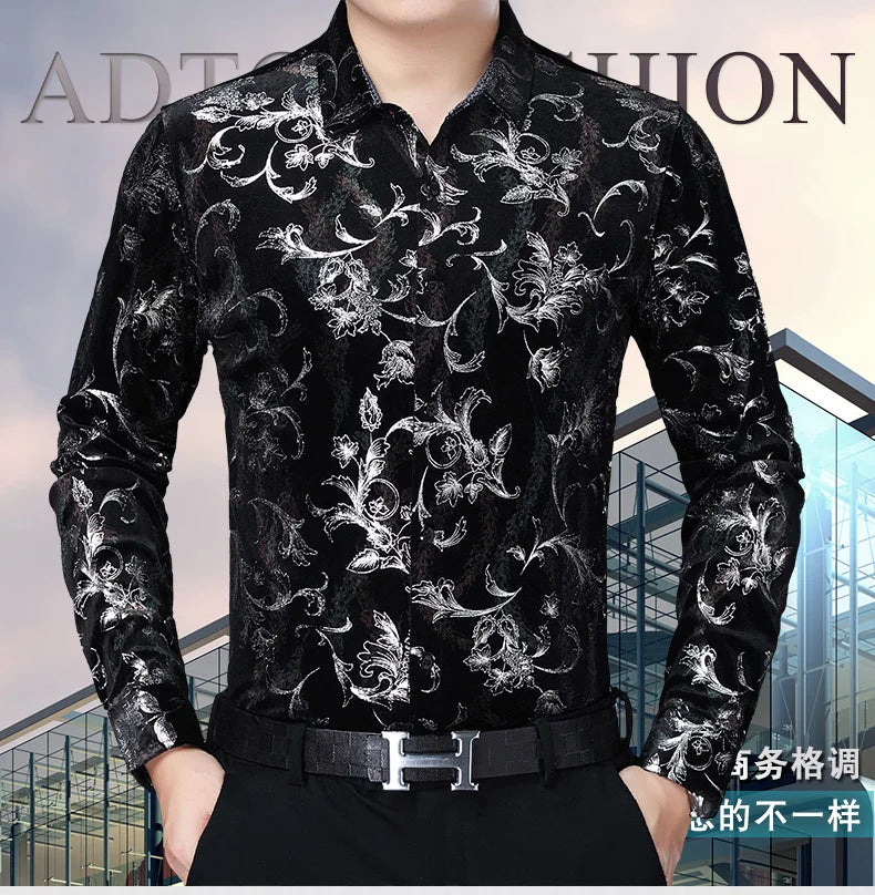 Mens Floral Dresses Autumn Long Sleeve Velour Clothing Male Flowers Gold Velvet Shirts