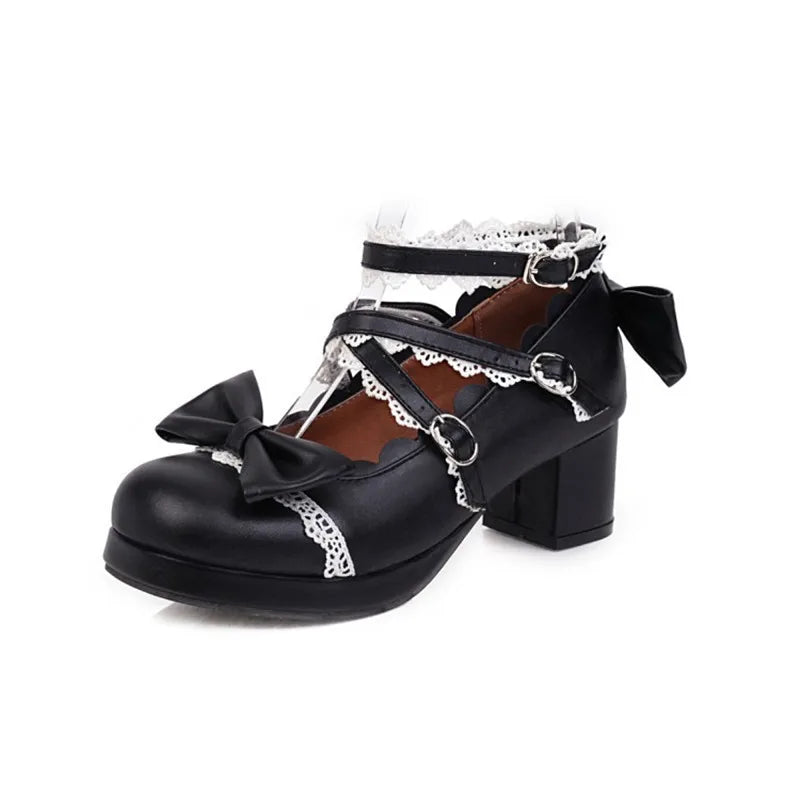 PXELENA Sweet Lolita Princess Mary Janes Shoes Bowtie Ruffles Cross Tied Strappy Cosplay Uniform Pumps Women Wedding Party Girls