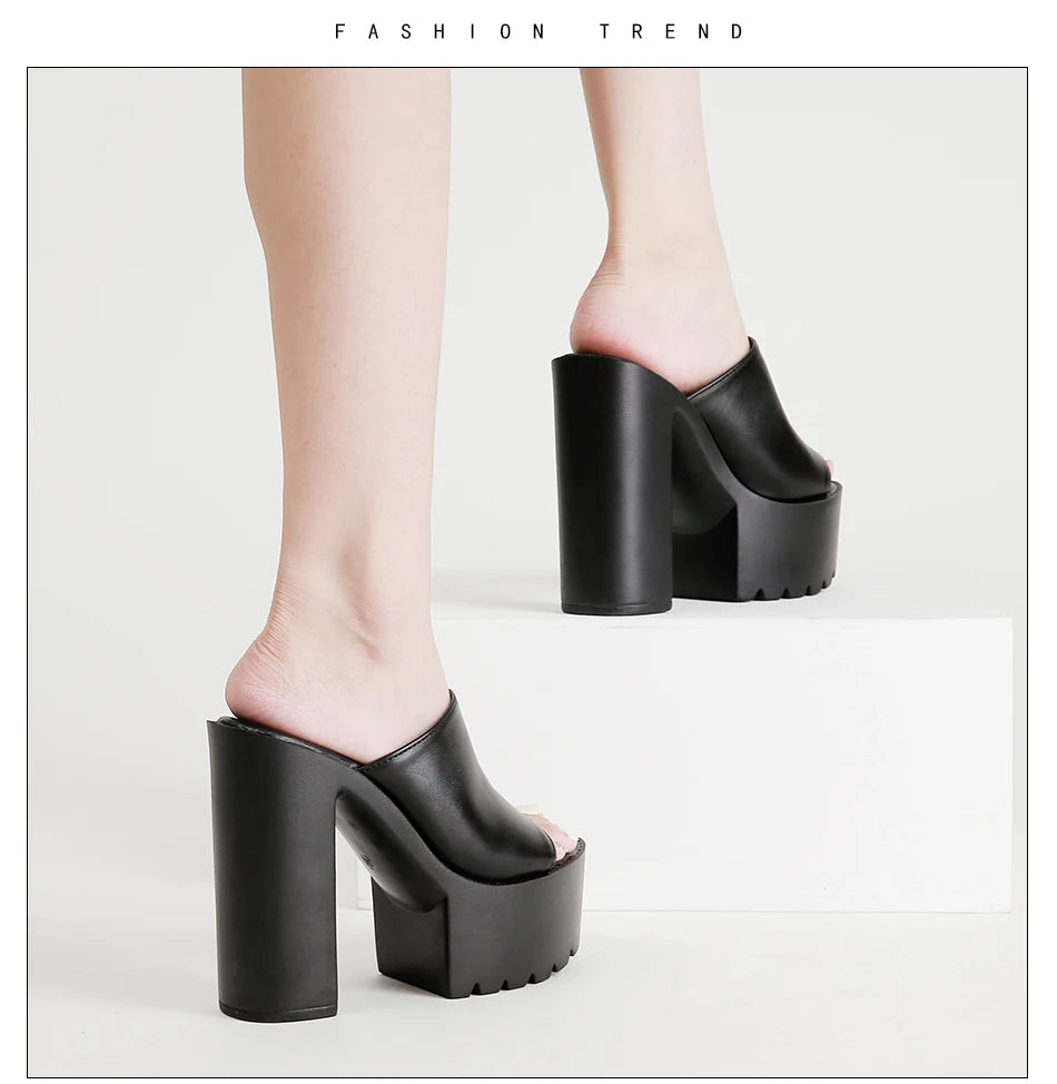 Gdgydh Square Heel Platform Mules Women Outdoor Slippers Peep Toe Slip On Sandals Shoes Slingbacks Black White Great Quality