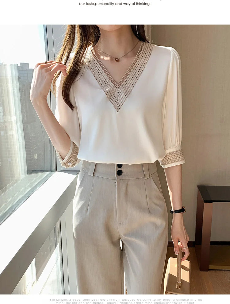 2025 Fashion Woman Blouse Stylish Autumn Office Lady Elegant Tops Korean Lace Long Sleeve V Neck Blusas White Shirts 13366