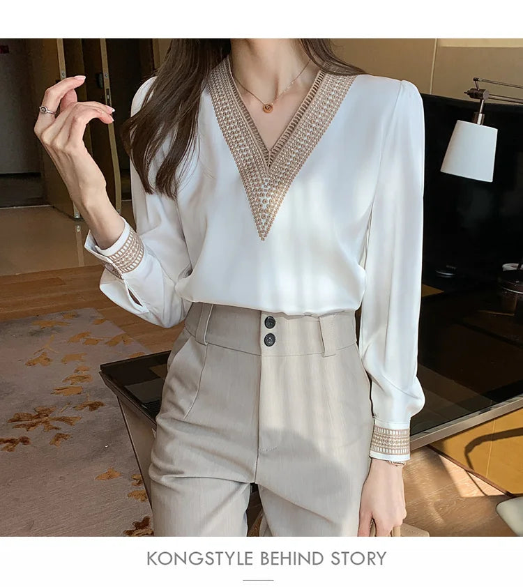2025 Fashion Woman Blouse Stylish Autumn Office Lady Elegant Tops Korean Lace Long Sleeve V Neck Blusas White Shirts 13366