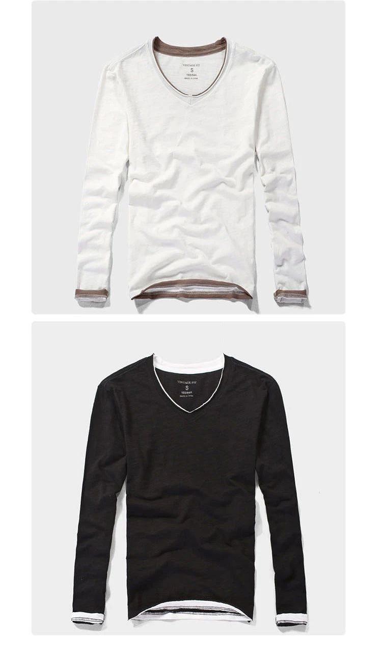 2025 Fashion Mens T Shirt Vintage V-Neck Long Sleeve T-Shirts Male Casual Thin Solid Tee Tshirt Soft Comfortable Tops Clothing