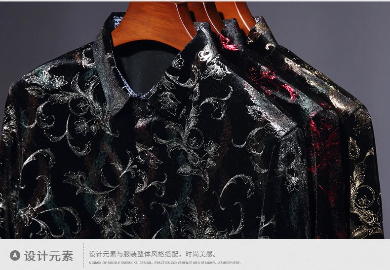 Mens Floral Dresses Autumn Long Sleeve Velour Clothing Male Flowers Gold Velvet Shirts