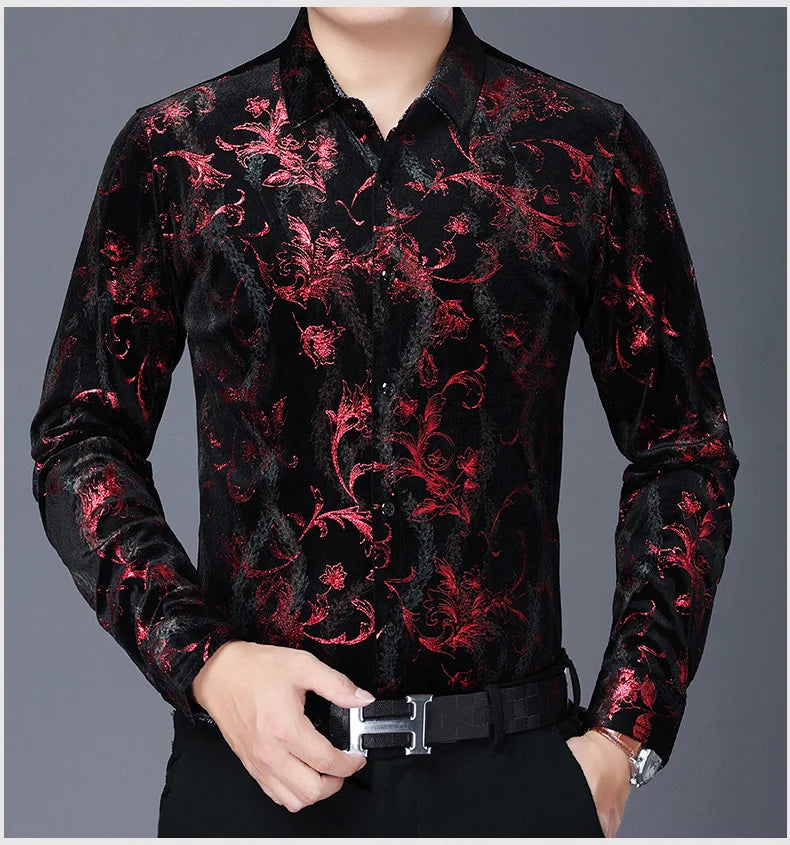 Mens Floral Dresses Autumn Long Sleeve Velour Clothing Male Flowers Gold Velvet Shirts