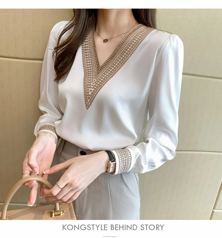 2025 Fashion Woman Blouse Stylish Autumn Office Lady Elegant Tops Korean Lace Long Sleeve V Neck Blusas White Shirts 13366