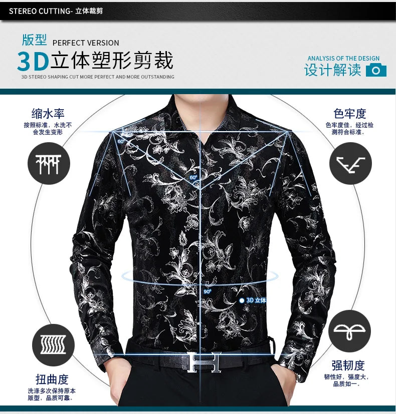 Mens Floral Dresses Autumn Long Sleeve Velour Clothing Male Flowers Gold Velvet Shirts